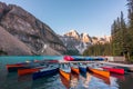 moraine lake boat dock during sunrise in Banff National Park Royalty Free Stock Photo