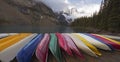 Moraine Lake and canoes in Alberta, Canada Royalty Free Stock Photo