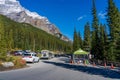 Moraine Lake Car Parking Area in summer sunny day.