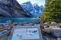 Moraine lake lakeshore trail in summer sunny day morning. Banff National Park.