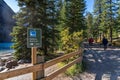 Moraine lake lakeshore trail in summer sunny day morning. Banff National Park.