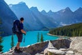 Moraine Lake Rockpile Trail in summer sunny day. Banff National Park