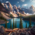 Moraine Lake's Turquoise Serenity Amidst the Majestic Rocky Mountains. Canada. Generative ai