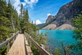 Moraine lake shoreline trail near Lake Louise village in Banff National Park, Alberta, Rocky Mountains Canada