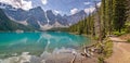 Moraine lake shoreline trail near Lake Louise village in Banff National Park, Alberta, Rocky Mountains Canada Royalty Free Stock Photo