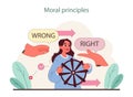 Moral Principles concept. A character navigates right and wrong with a moral compass. Royalty Free Stock Photo