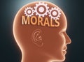 Morals inside human mind - pictured as word Morals inside a head with cogwheels to symbolize that Morals is what people may think