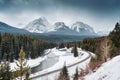 Morants Curve with railway passing through bow valley and rocky mountains in winter at Banff national park Royalty Free Stock Photo