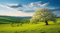 Moravian green rolling landscape with blooming apple-tree. Landscape with white spring flowering trees on green hill, which is Royalty Free Stock Photo