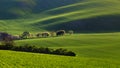 Moravian Tuscany - spring undulating landscape around Kyjov, a series of low chains with blooming bushes at sunset