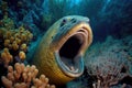 Moray eel has opened its mouth wide and is preparing to attack its prey.