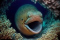 Moray eel has opened its mouth wide and is preparing to attack its prey.