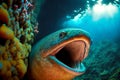 Moray eel has opened its mouth wide and is preparing to attack its prey.