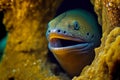 Moray eel looks out for its prey by sticking its head out of underwater mink Royalty Free Stock Photo