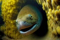 Moray eel looks out for its prey by sticking its head out of underwater mink Royalty Free Stock Photo
