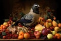 morbidly obese bird, surrounded by bountiful feast of fruits and nuts