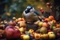 morbidly obese bird, surrounded by bountiful feast of fruits and nuts