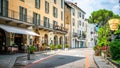 Morcote village street view with restaurant and people during summer in Morcote Ticino Switzerland