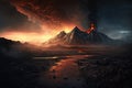 mordor land, with view of fiery mountain range and black smoke rising from the fires