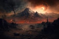 mordor land, with view of fiery mountain range and black smoke rising from the fires