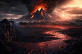 mordor land, with view of fiery mountain range and black smoke rising from the fires