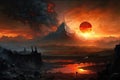 mordor landscape with fiery sunsets and smoke billowing from the forges of sauron
