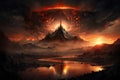 mordor landscape with fiery sunsets and smoke billowing from the forges of sauron