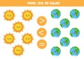 More, less, equal with cartoon Sun and Earth. Math game. Royalty Free Stock Photo