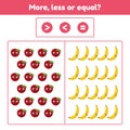 More, less or equal. Educational math game for kids preschool and school age. Fruits. Apple and bananas.