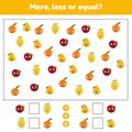 More, less or equal. Educational math game for kids preschool and school age. Fruits. Lemon, apple, pear, orange. Royalty Free Stock Photo