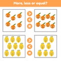 More, less or equal. Educational math game for kids preschool and school age. Fruits. Lemons and oranges.