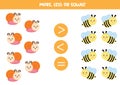 More, less or equal. Math game for kids. Count snails and bees Royalty Free Stock Photo