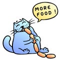 More food. Blue cat eats sausages. Vector illustration.