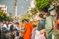 More monks with give alms bowl which came out of the offerings in the morning at Buddhist temple, Culture Heritage Site