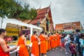 More monks with give alms bowl which came out of the offerings in the morning at Buddhist temple, Culture Heritage Site