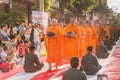 More monks with give alms bowl which came out of the offerings in the morning at Buddhist temple, Culture Heritage Site