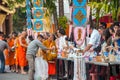 More monks with give alms bowl which came out of the offerings in the morning at Buddhist temple, Culture Heritage Site