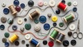 More are scattered around several wooden spools of thread in Royalty Free Stock Photo