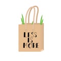 Less is more - sign on recycle paper bag. Hand written sign for print on shopping bag. Vector stock illustration