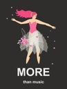 More than music. Template for banner with fairy ballerina, stars, treble clef in shape of pink flower and musical staff