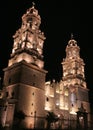 Night view of the Morelia cathedral in michoacan