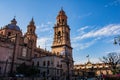 MORELIA, MEXICO - Mar 06, 2020: Cathedral of Morelia, Mexico. Blue sunny day with some clouds in the sky Royalty Free Stock Photo