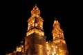 Morelia cathedral at night in michoacan, mexico. Royalty Free Stock Photo