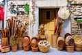 Morella, Spain - July 9, 2021: Baskets and other tourist souvenirs on a tourist street