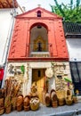 Morella, Spain - July 9, 2021: A small hermitage where baskets and other tourist souvenirs are sold