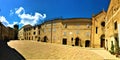 Moresco town in Fermo province, Marche region, Italy. Ancient square, church, tower and blue sky Royalty Free Stock Photo