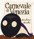 Moretta Mask, Feather and Scroll Commemorating Venice Carnival Celebration, Vector Illustration