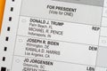 Close up macro of mail-in paper ballot for 2020 presidential election with focus on candidates