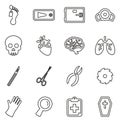 Morgue or Coroner Equipment Icons Thin Line Vector Illustration Set