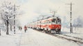 Mori Kei Inspired Snowy Train Watercolor Painting In Japan Royalty Free Stock Photo